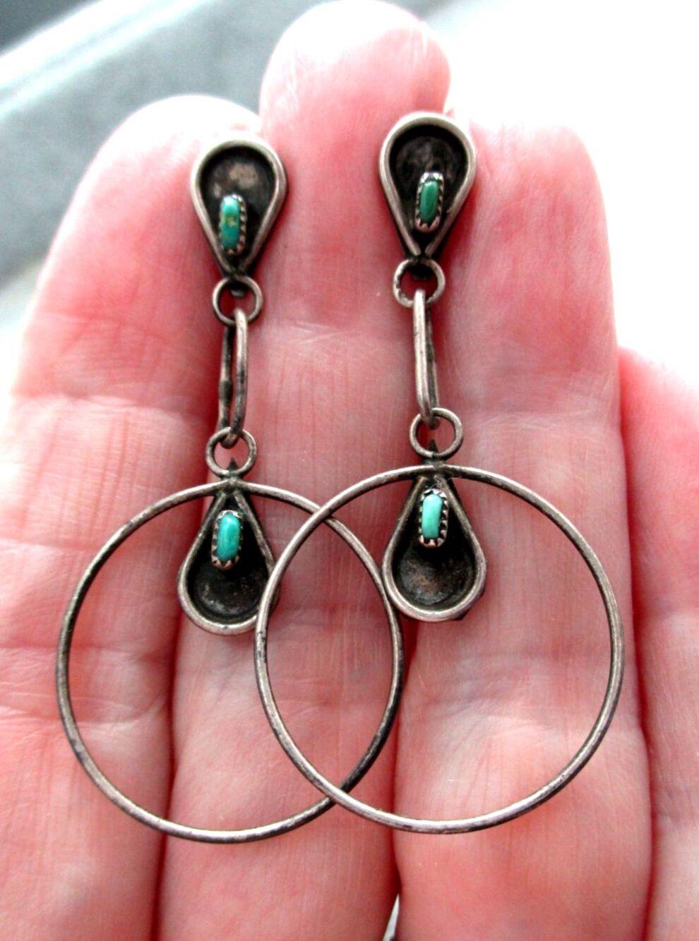 Old Zuni Vintage Sterling Silver Petit Point Turquoise Dangle Hoop Earrings